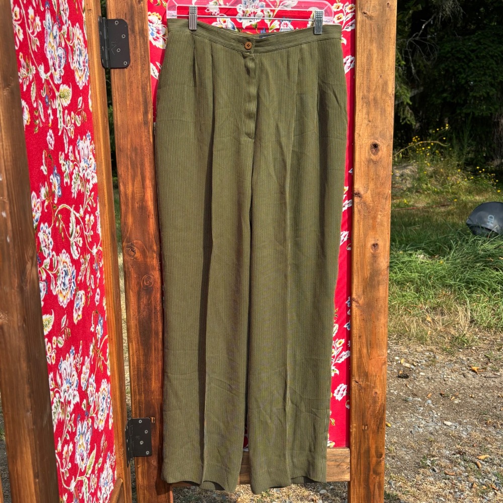 Vintage Army+Chartreuse Green Polka Dot High Rise‎ Wide Leg Trouser Pants Size L
